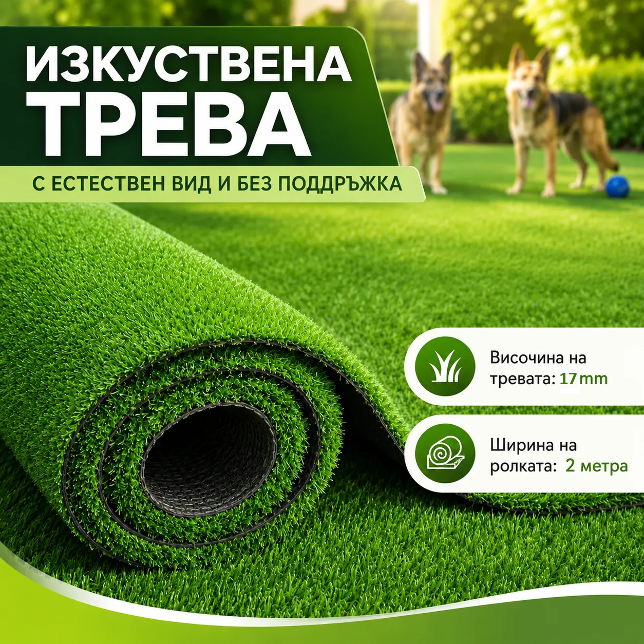 Изкуствена трева 17 мм – ширина 2м