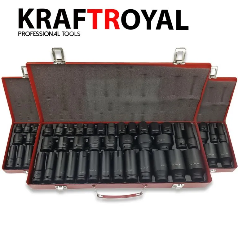 Комплект Ударни Вложки 1/2″ KraftRoyal 35 Части – стандартни + дълбоки вложки от 8 до 32 мм