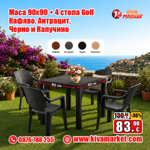 Маса 90х90 + 4 стола Golf - Кафявo, Антрацит, Черно и Капучино