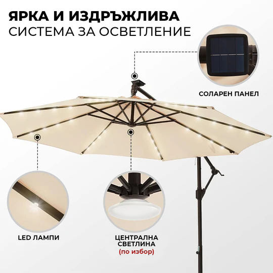 Висококачествен 3 м градински чадър с LED осветление и UV защита - Image 4